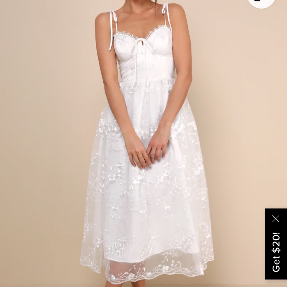 Lulus Serene Perfection White Mesh Embroidered Tie-Strap Midi Dress